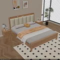 Cozy Bedroom Interior With Wooden Bed Upholstered Headboard Nightstand Table Lamp Wall Art And Blinds