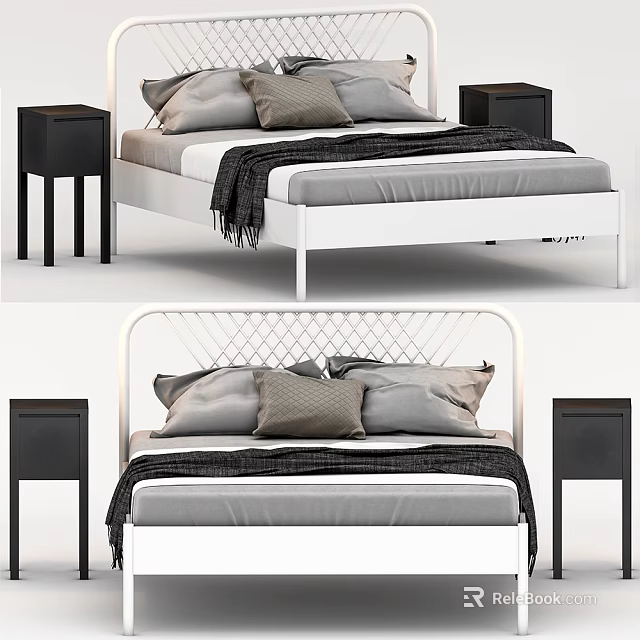 Modern Double Bed With White Frame Black Nightstands Gray Pillows And Black Blanket 3d model 