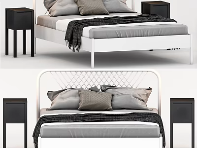 Modern Double Bed With White Frame Black Nightstands Gray Pillows And Black Blanket 3d model