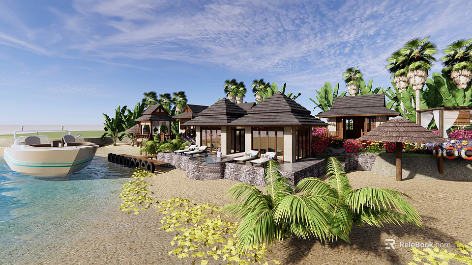 Tropical Beachfront Villa With Palm Trees Sandy Beach And Waterfront Boat 3d model 