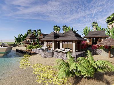 Tropical Beachfront Villa With Palm Trees Sandy Beach And Waterfront Boat 3d model