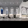 Modern Hair Salon Interior Design With White Chair Round Mirror And Ceiling Lights