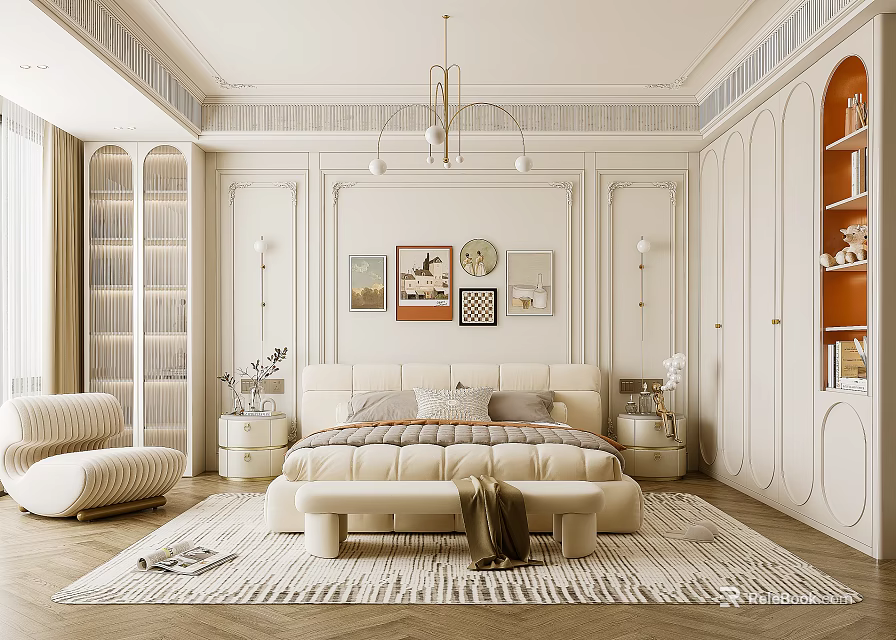 Elegant Modern Bedroom Interior Design With Beige Bed Nightstands Rug Chandelier And Decorative Paintings 3d model 