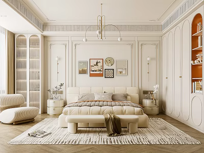 Elegant Modern Bedroom Interior Design With Beige Bed Nightstands Rug Chandelier And Decorative Paintings 3d model