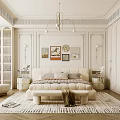 Elegant Modern Bedroom Interior Design With Beige Bed Nightstands Rug Chandelier And Decorative Paintings