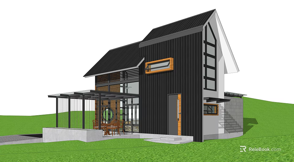 Modern Guesthouse Exterior Design With Black Roof Glass Windows And Outdoor Lawn Area 3d model 