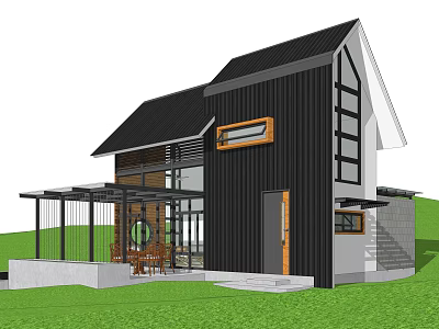 Modern Guesthouse Exterior Design With Black Roof Glass Windows And Outdoor Lawn Area 3d model