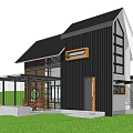 Modern Guesthouse Exterior Design With Black Roof Glass Windows And Outdoor Lawn Area