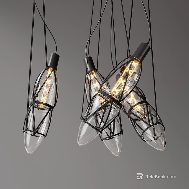 Modern Chandelier Design With Transparent Bulbs And Black Metal Frames 3d model 