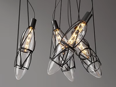 Modern Chandelier Design With Transparent Bulbs And Black Metal Frames 3d model