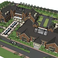 Classic Red Brick Courtyard With Central Fountain Lawn Green Trees And People Strolling