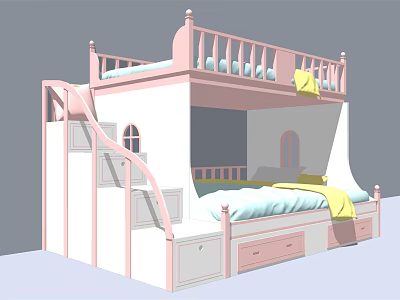 Pink And White Kids Bunk Bed With Staircase Storage Drawers Blue Mattress And Yellow Blanket 3d model