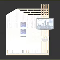 Modern Exhibition Booth With Wooden Structure White Shelves Counter Blue Logos And Screen