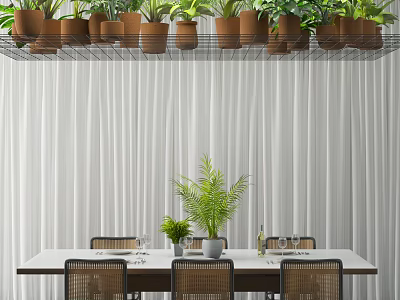 Stylish Dining Table Set With Chairs Plants Wine Glasses And Hanging Pots Above White Curtains 3d model