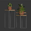Three Potted Green Leafy Houseplants On Wooden Top Metal Leg Plant Stands
