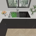 Modern Kitchen Interior With Double Sink White Countertop Black Cabinets And Appliances