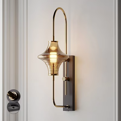 Modern Brass Wall Light With Illuminated Glass Shade Mounted On White Wall 3d model