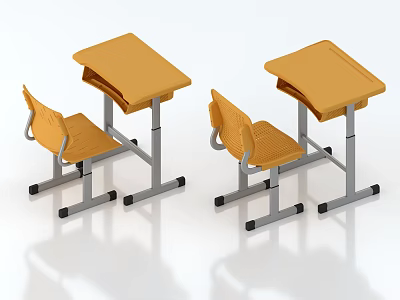 Two Yellow Flip Top Student Desks With Matching Chairs And Metal Frames 3d model