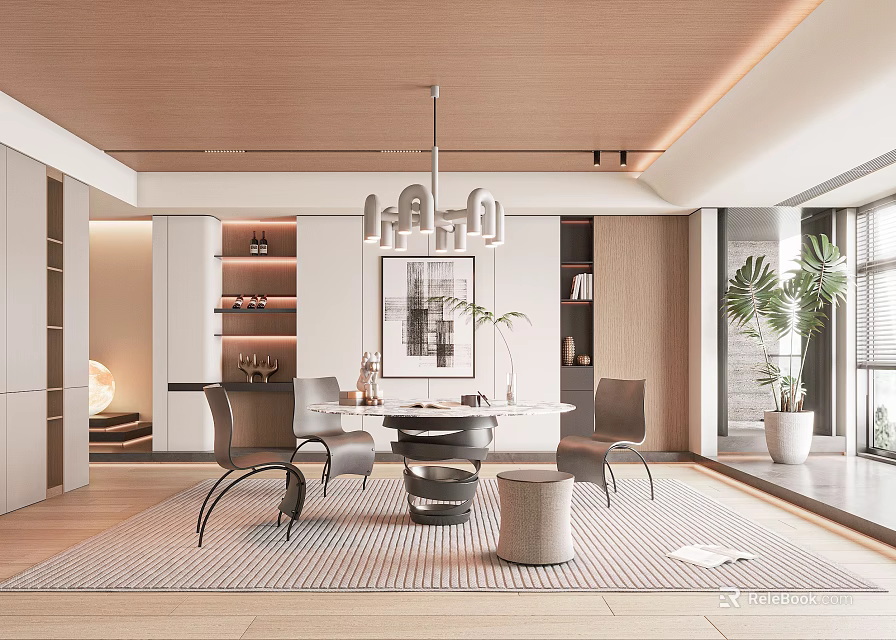Modern Restaurant Interior With Wooden Ceiling Chandelier Round Dining Table Chairs Rug Plants And Shelves 3d model 