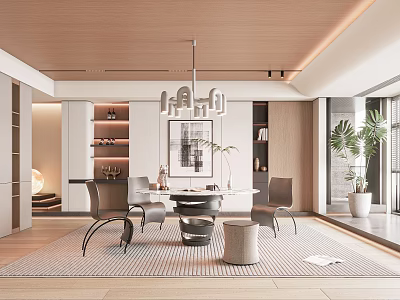 Modern Restaurant Interior With Wooden Ceiling Chandelier Round Dining Table Chairs Rug Plants And Shelves 3d model