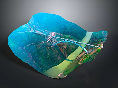 Blue Irregular Shaped Landscape Display With Bridge Over River And Green Mountains 3d model
