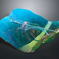 Blue Irregular Shaped Landscape Display With Bridge Over River And Green Mountains 3d model