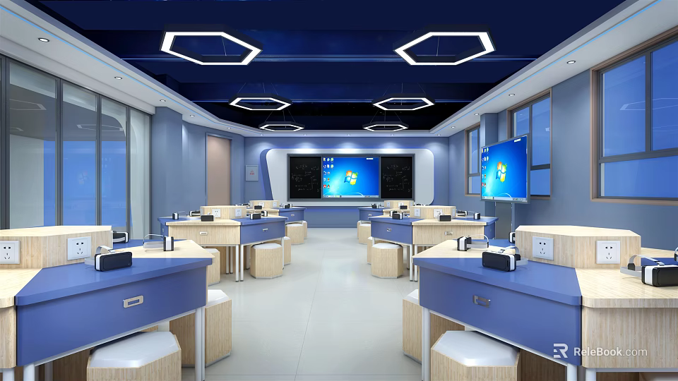 Modern School Classroom Interior With Blue Desks Screens And Hexagonal Lights 3d model 