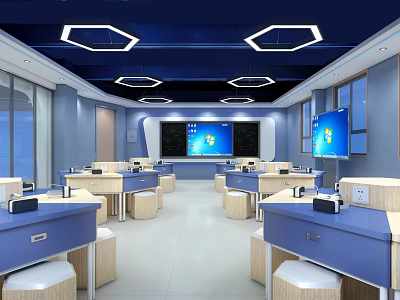 Modern School Classroom Interior With Blue Desks Screens And Hexagonal Lights 3d model