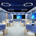 Modern School Classroom Interior With Blue Desks Screens And Hexagonal Lights 3d model