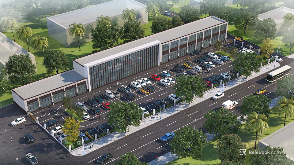 Modern Office Building Exterior With Spacious Parking Lot And Lush Green Trees 3d model 