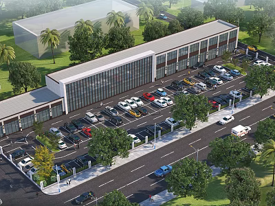 Modern Office Building Exterior With Spacious Parking Lot And Lush Green Trees 3d model