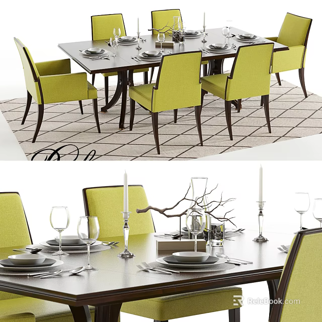 Modern Dining Table Set With Green Chairs Dinnerware Wine Glasses And Decorative Branches 3d model