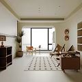 Modern Living and Dining Room Interior With Curved Wooden Cabinets Pendant Light and Dining Table