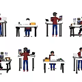 Decorative Office Figurine Set with Multiple Characters Working on Laptops Tablets and Desks
