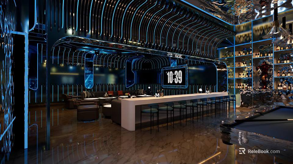 Modern KTV Interior Design With Blue Neon Lights Bar Counter And Comfortable Sofas 3d model