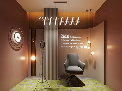 Single Sofa in Modern Interior with Warm Lighting Green Carpet and Metallic Decor 3d model
