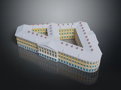 Multi story Building with Unique Layout Yellow Walls White Roof Red Decorations and Blue Windows 3d model