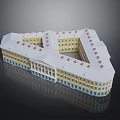 Multi story Building with Unique Layout Yellow Walls White Roof Red Decorations and Blue Windows