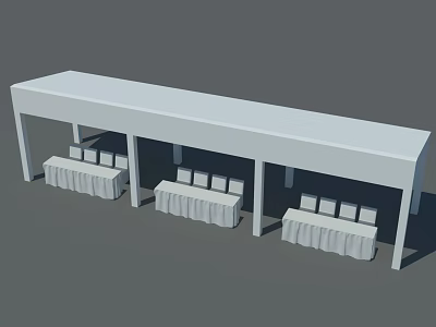 White Canopy Exhibition Booth Setup With Tables And Chairs Covered In White Cloth 3d model