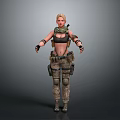 A Woman Wearing Tactical Gear Camouflage Scarf Black Tank Top Pants Knee Pads And Boots