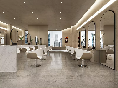 Modern Hair Salon Interior With White Styling Chairs Marble Countertops And Large Mirrors 3d model