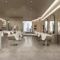 Modern Hair Salon Interior With White Styling Chairs Marble Countertops And Large Mirrors