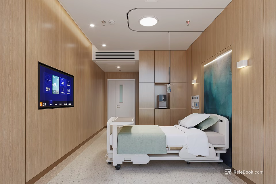 Hospital Outpatient Ward Interior Featuring Wooden Walls Medical Bed And Large Display Screen 3d model 