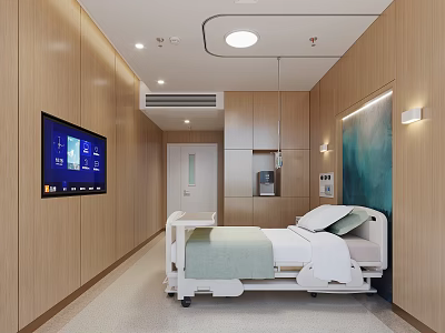Hospital Outpatient Ward Interior Featuring Wooden Walls Medical Bed And Large Display Screen 3d model