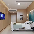 Hospital Outpatient Ward Interior Featuring Wooden Walls Medical Bed And Large Display Screen