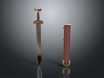 Ancient Weapon Sword With Metal Blade Golden Hilt And Red Leather Scabbard 3d model