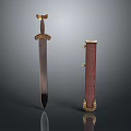 Ancient Weapon Sword With Metal Blade Golden Hilt And Red Leather Scabbard