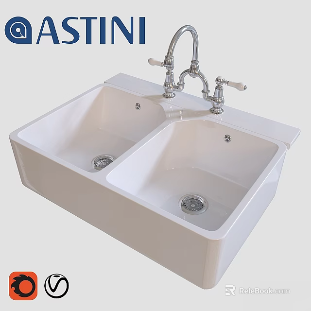 White Double Bowl Kitchen Sink With Classic Faucet And Modern Design 3d model 