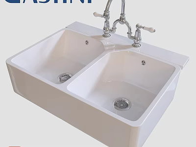 White Double Bowl Kitchen Sink With Classic Faucet And Modern Design 3d model