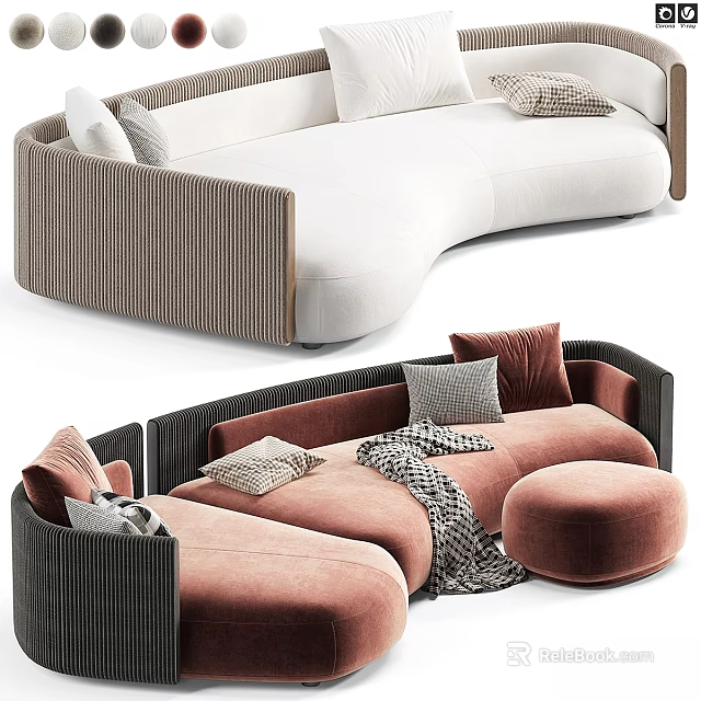 Stylish Curved Two Seater Sofa With White Pink Brown Upholstery And Decorative Pillows 3d model 